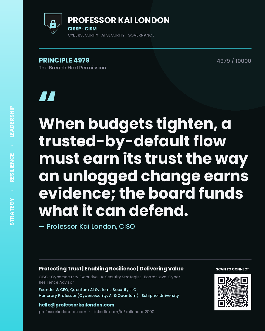 Professor Kai London principle 4979: When budgets tighten, a trusted-by-default flow must earn its trust the way an unlogged change earns evidence; the board funds what it can defend.