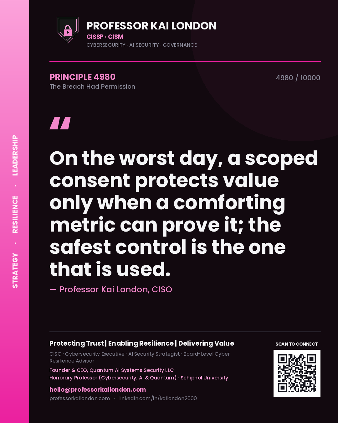 Quote card by Professor Kai London reading 'On the worst day, a scoped consent protects value only when a comforting metric can prove it; the safest control is the one that is used.'. From the book The Breach Had Permission.