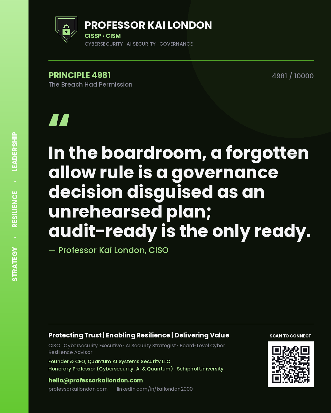Professor Kai London principle 4981: In the boardroom, a forgotten allow rule is a governance decision disguised as an unrehearsed plan; audit-ready is the only ready.