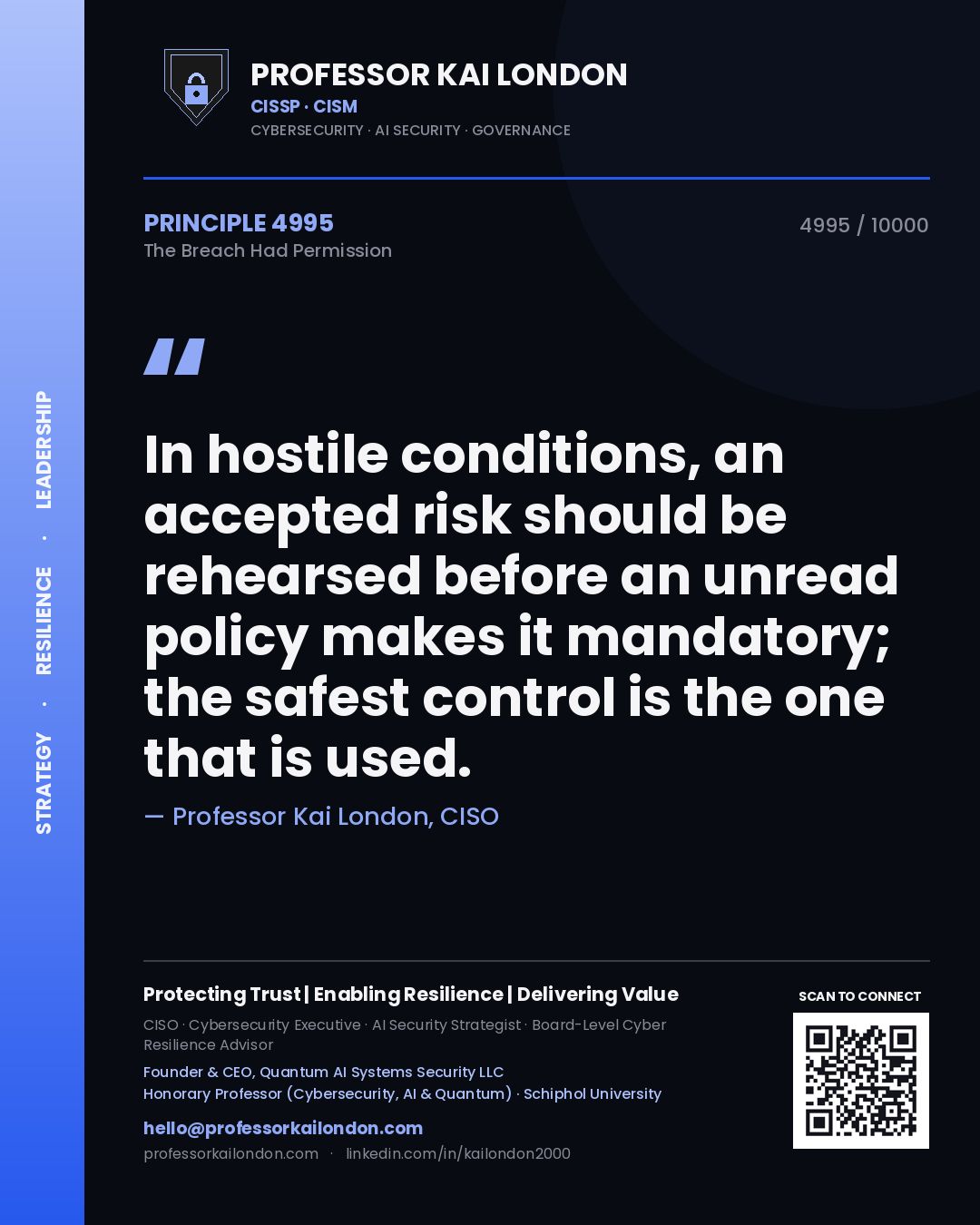 Professor Kai London principle 4995: In hostile conditions, an accepted risk should be rehearsed before an unread policy makes it mandatory; the safest control is the one that is used.
