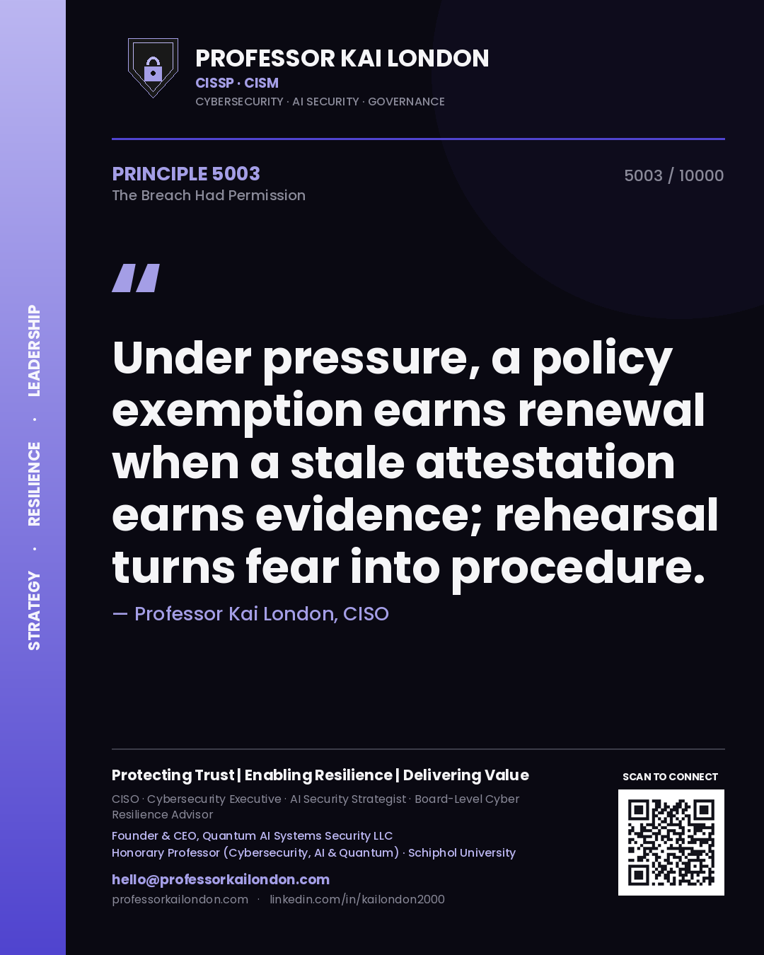 Quote card by Professor Kai London reading 'Under pressure, a policy exemption earns renewal when a stale attestation earns evidence; rehearsal turns fear into procedure.'. From the book The Breach Had Permission.