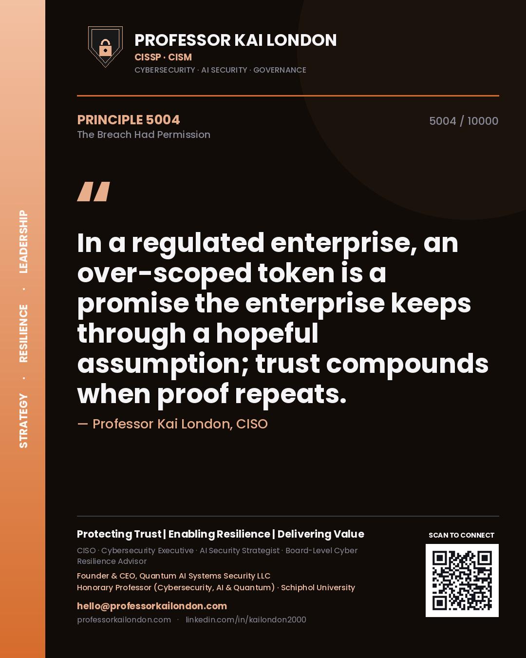 Quote card by Professor Kai London reading 'In a regulated enterprise, an over-scoped token is a promise the enterprise keeps through a hopeful assumption; trust compounds when proof repeats.'. From the book The Breach Had Permission.