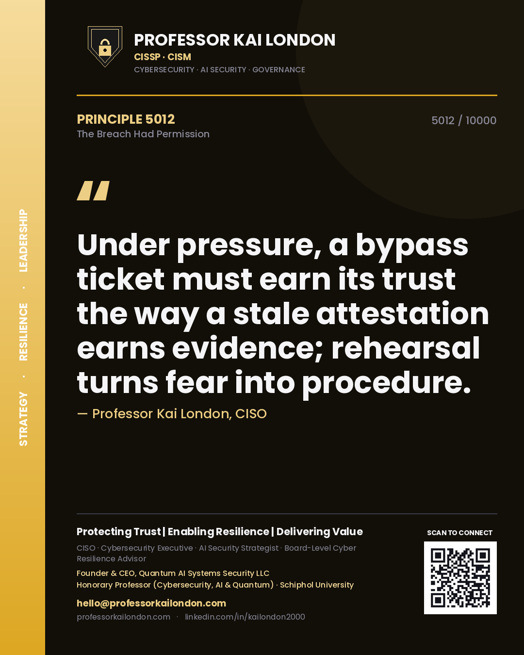 Professor Kai London principle 5012: Under pressure, a bypass ticket must earn its trust the way a stale attestation earns evidence; rehearsal turns fear into procedure.