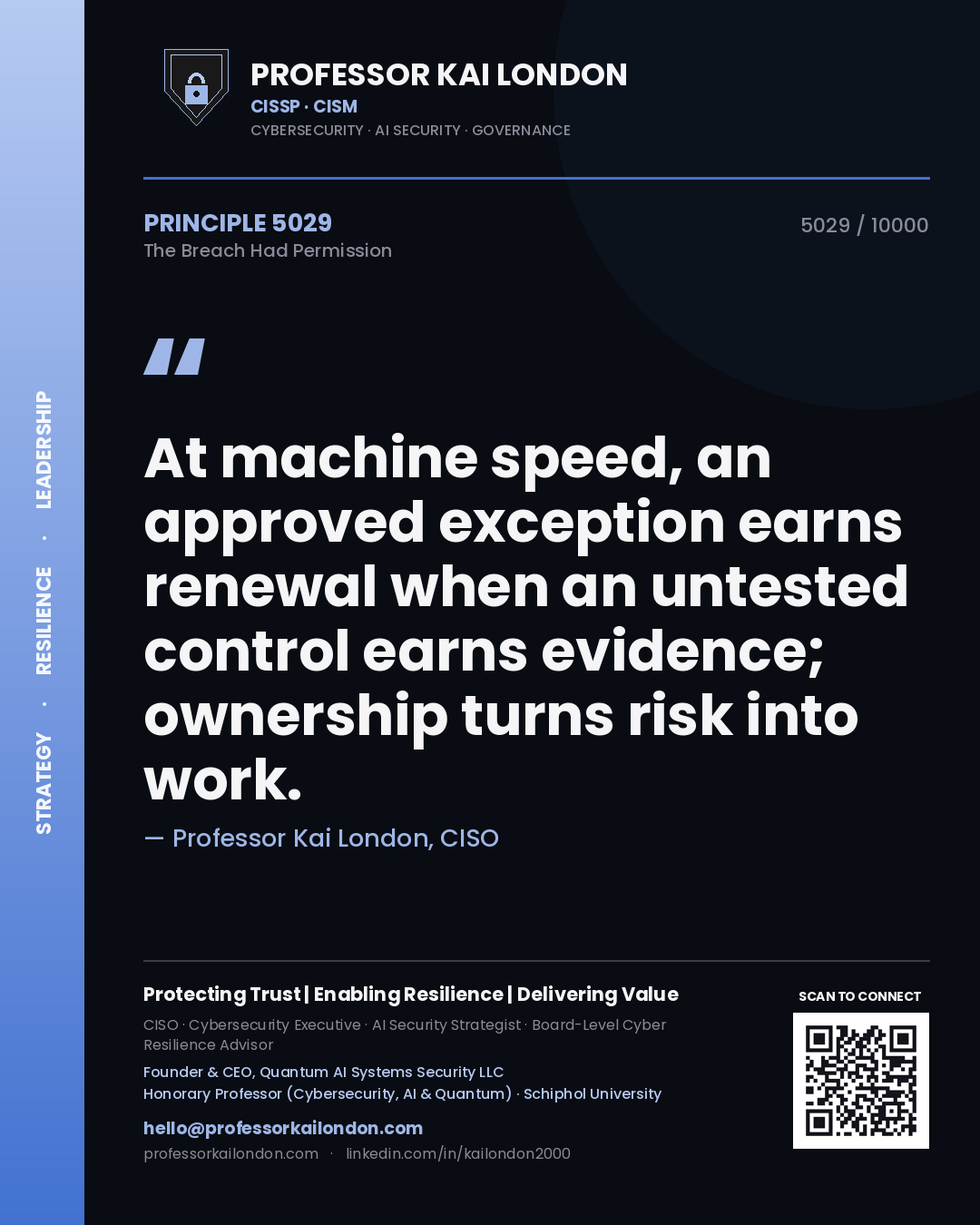 Quote card by Professor Kai London reading 'At machine speed, an approved exception earns renewal when an untested control earns evidence; ownership turns risk into work.'. From the book The Breach Had Permission.