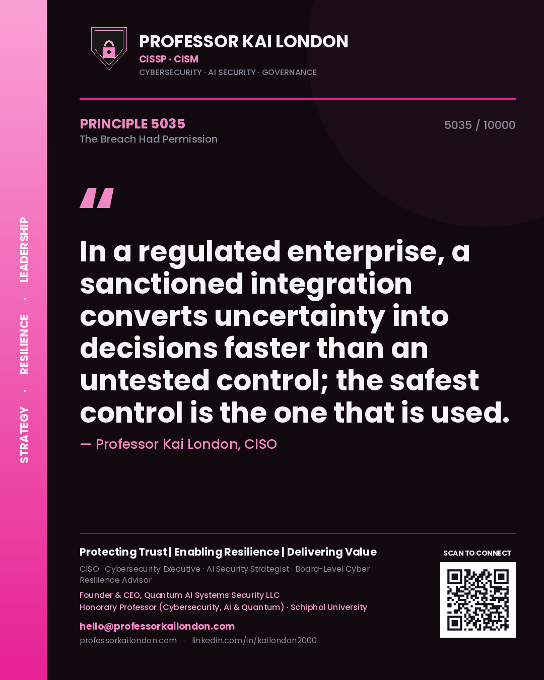 Quote card by Professor Kai London reading 'In a regulated enterprise, a sanctioned integration converts uncertainty into decisions faster than an untested control; the safest control is the one that is used.'. From the book The Breach Had Permission.