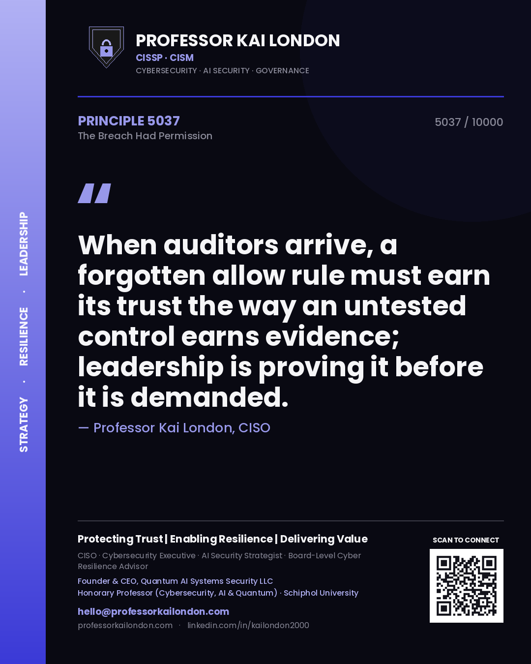 Quote card by Professor Kai London reading 'When auditors arrive, a forgotten allow rule must earn its trust the way an untested control earns evidence; leadership is proving it before it is demanded.'. From the book The Breach Had Permission.