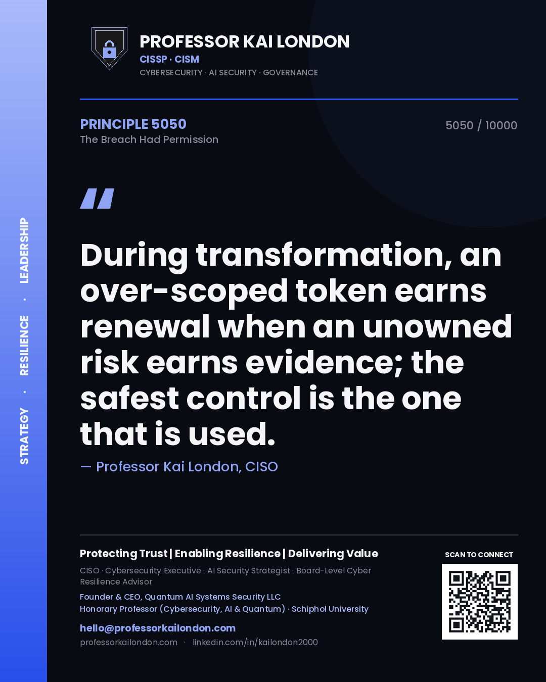 Quote card by Professor Kai London reading 'During transformation, an over-scoped token earns renewal when an unowned risk earns evidence; the safest control is the one that is used.'. From the book The Breach Had Permission.