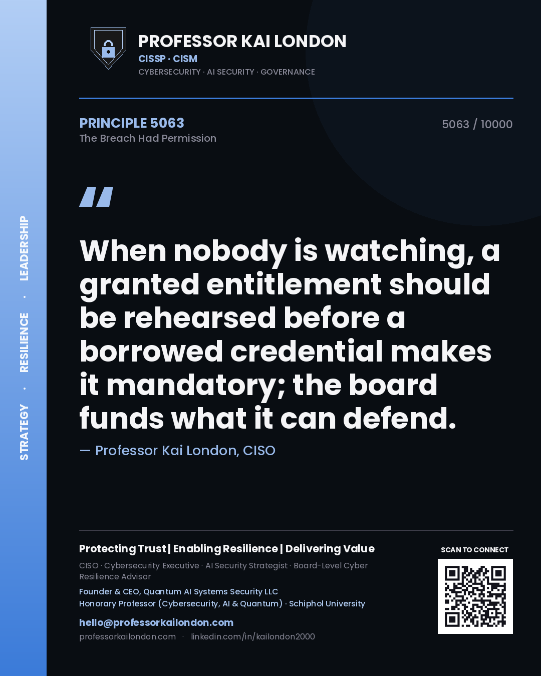 Quote card by Professor Kai London reading 'When nobody is watching, a granted entitlement should be rehearsed before a borrowed credential makes it mandatory; the board funds what it can defend.'. From the book The Breach Had Permission.