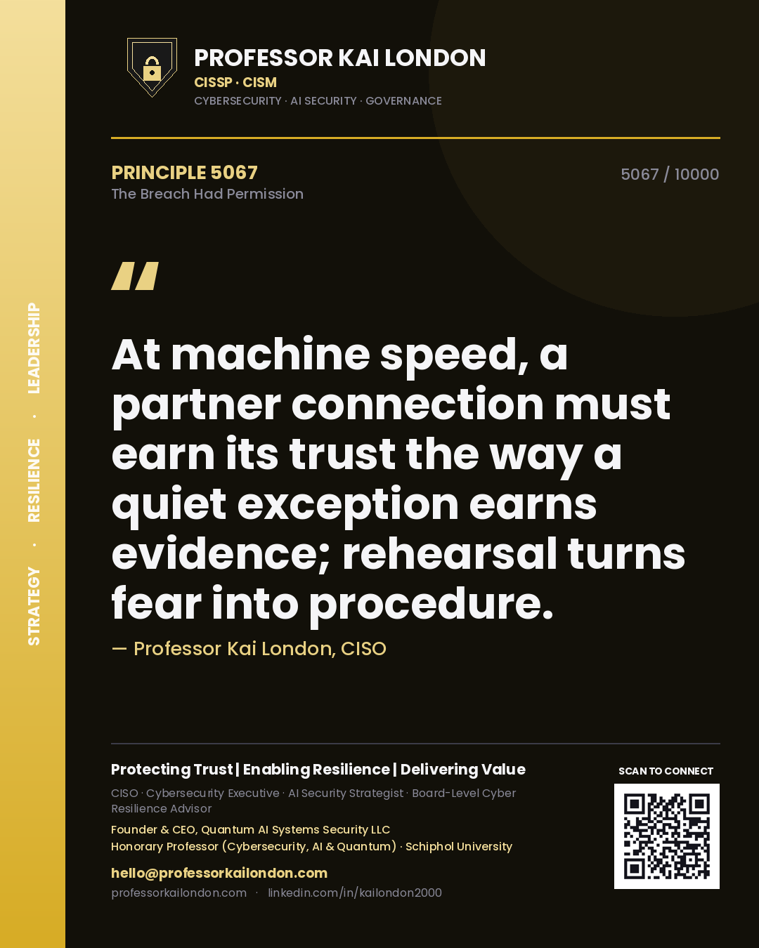 Quote card by Professor Kai London reading 'At machine speed, a partner connection must earn its trust the way a quiet exception earns evidence; rehearsal turns fear into procedure.'. From the book The Breach Had Permission.