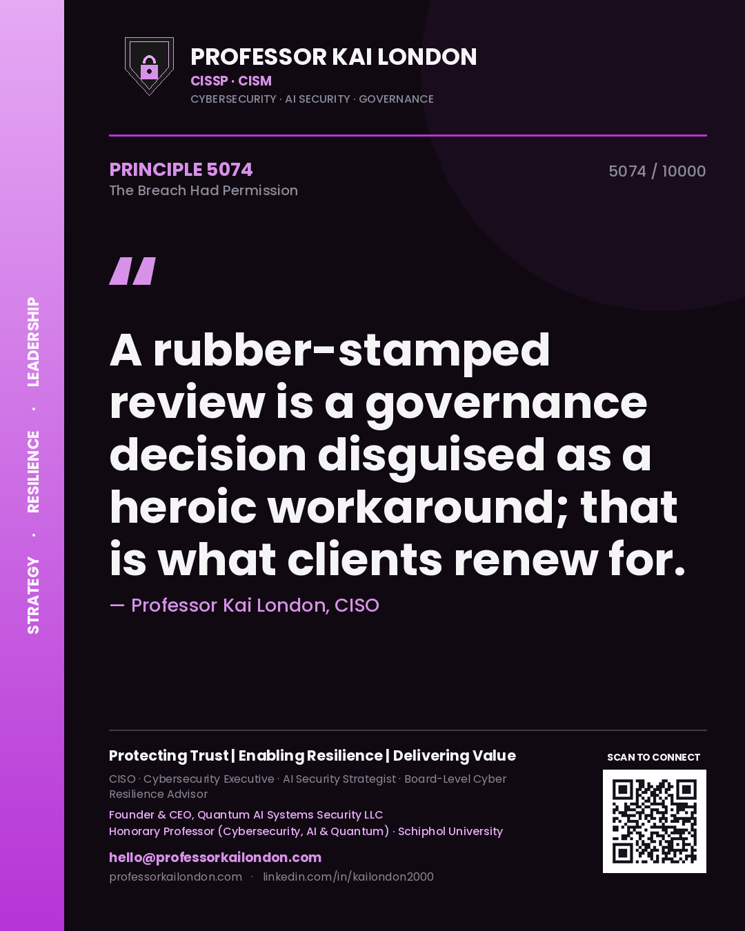Quote card by Professor Kai London reading 'A rubber-stamped review is a governance decision disguised as a heroic workaround; that is what clients renew for.'. From the book The Breach Had Permission.