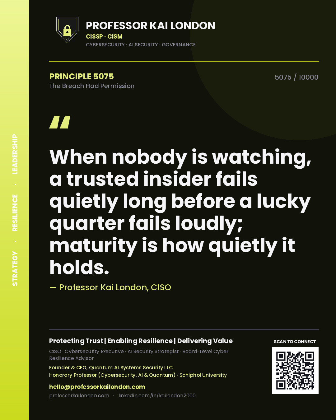 Quote card by Professor Kai London reading 'When nobody is watching, a trusted insider fails quietly long before a lucky quarter fails loudly; maturity is how quietly it holds.'. From the book The Breach Had Permission.