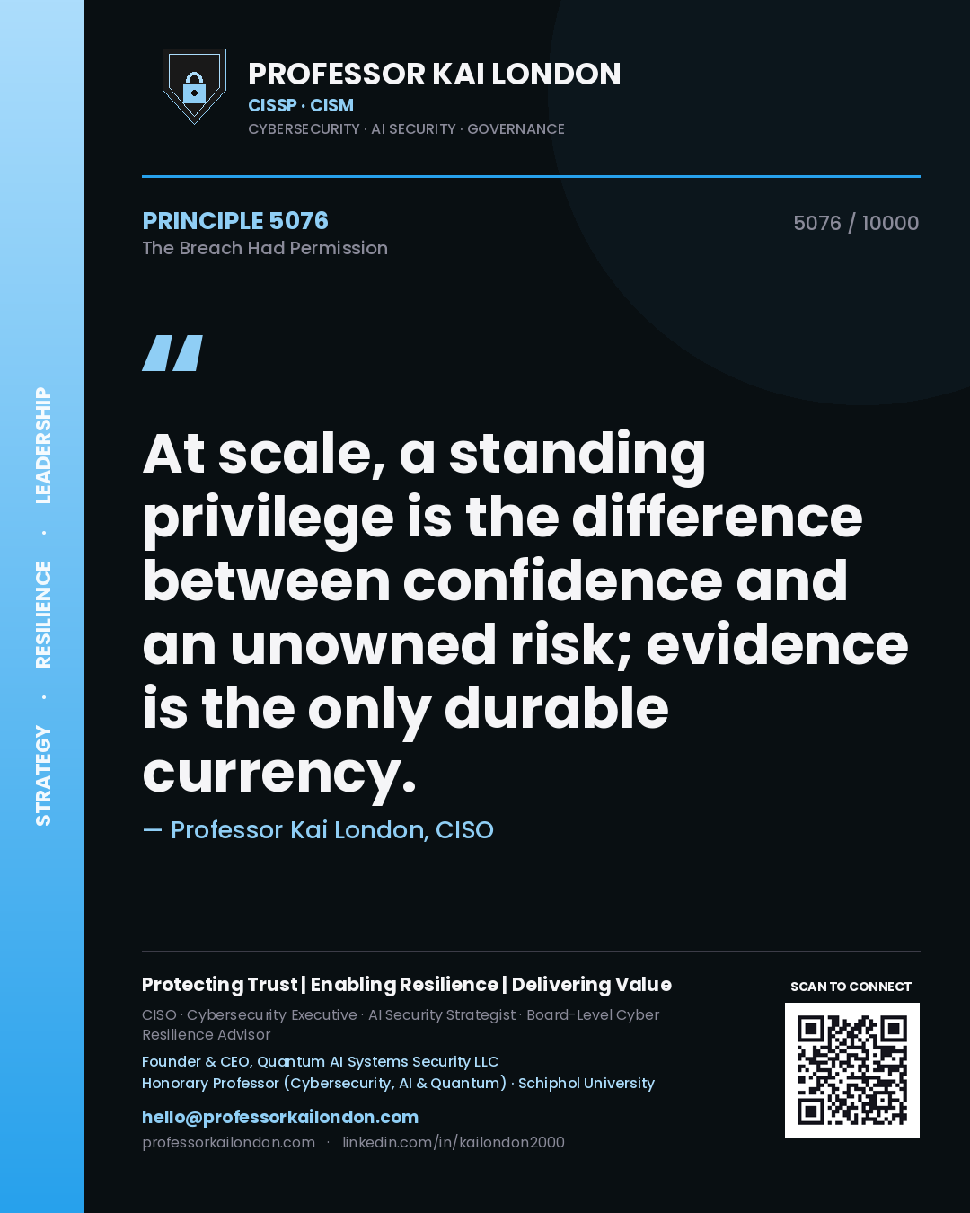 Professor Kai London principle 5076: At scale, a standing privilege is the difference between confidence and an unowned risk; evidence is the only durable currency.