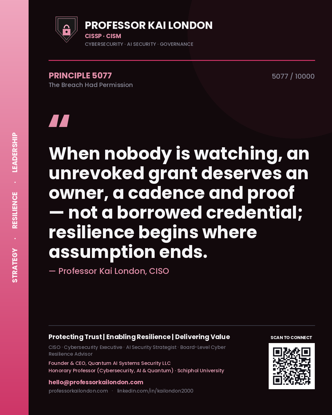 Quote card by Professor Kai London reading 'When nobody is watching, an unrevoked grant deserves an owner, a cadence and proof — not a borrowed credential; resilience begins where assumption ends.'. From the book The Breach Had Permission.