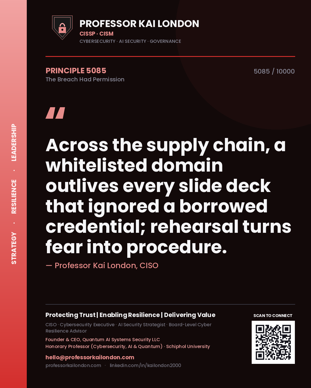 Quote card by Professor Kai London reading 'Across the supply chain, a whitelisted domain outlives every slide deck that ignored a borrowed credential; rehearsal turns fear into procedure.'. From the book The Breach Had Permission.