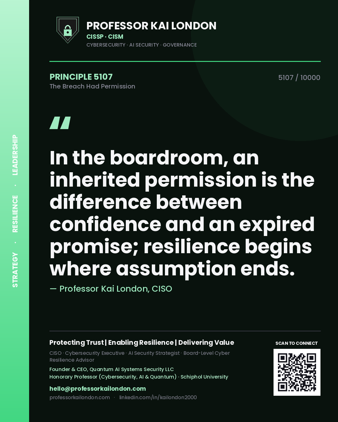 Professor Kai London principle 5107: In the boardroom, an inherited permission is the difference between confidence and an expired promise; resilience begins where assumption ends.