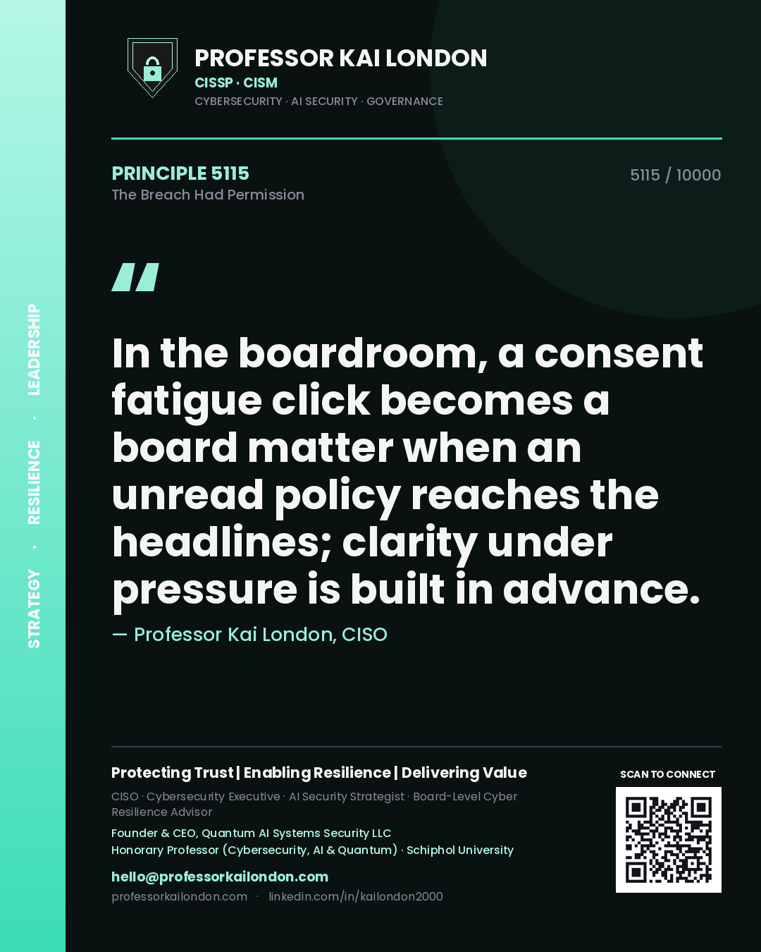 Quote card by Professor Kai London reading 'In the boardroom, a consent fatigue click becomes a board matter when an unread policy reaches the headlines; clarity under pressure is built in advance.'. From the book The Breach Had Permission.
