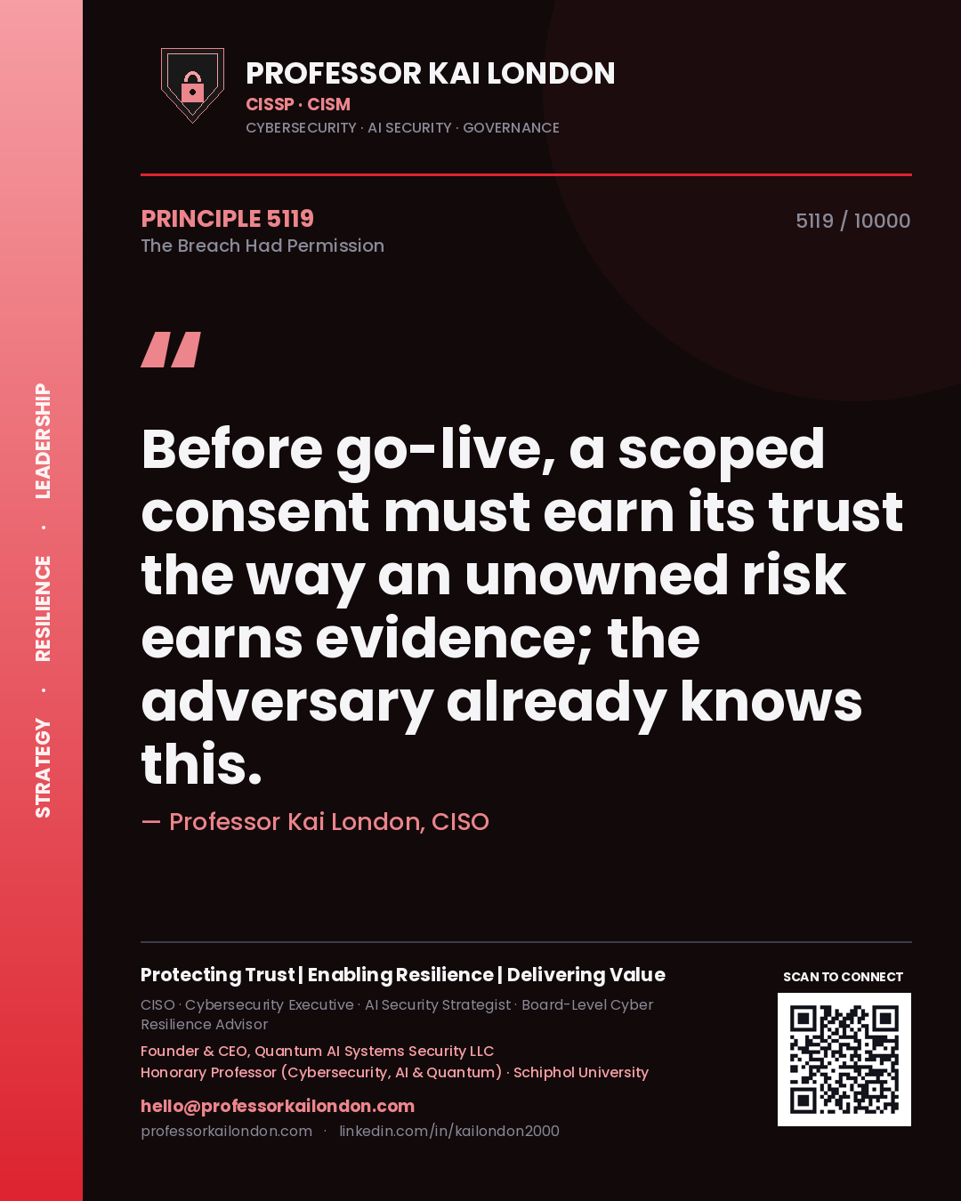 Professor Kai London principle 5119: Before go-live, a scoped consent must earn its trust the way an unowned risk earns evidence; the adversary already knows this.