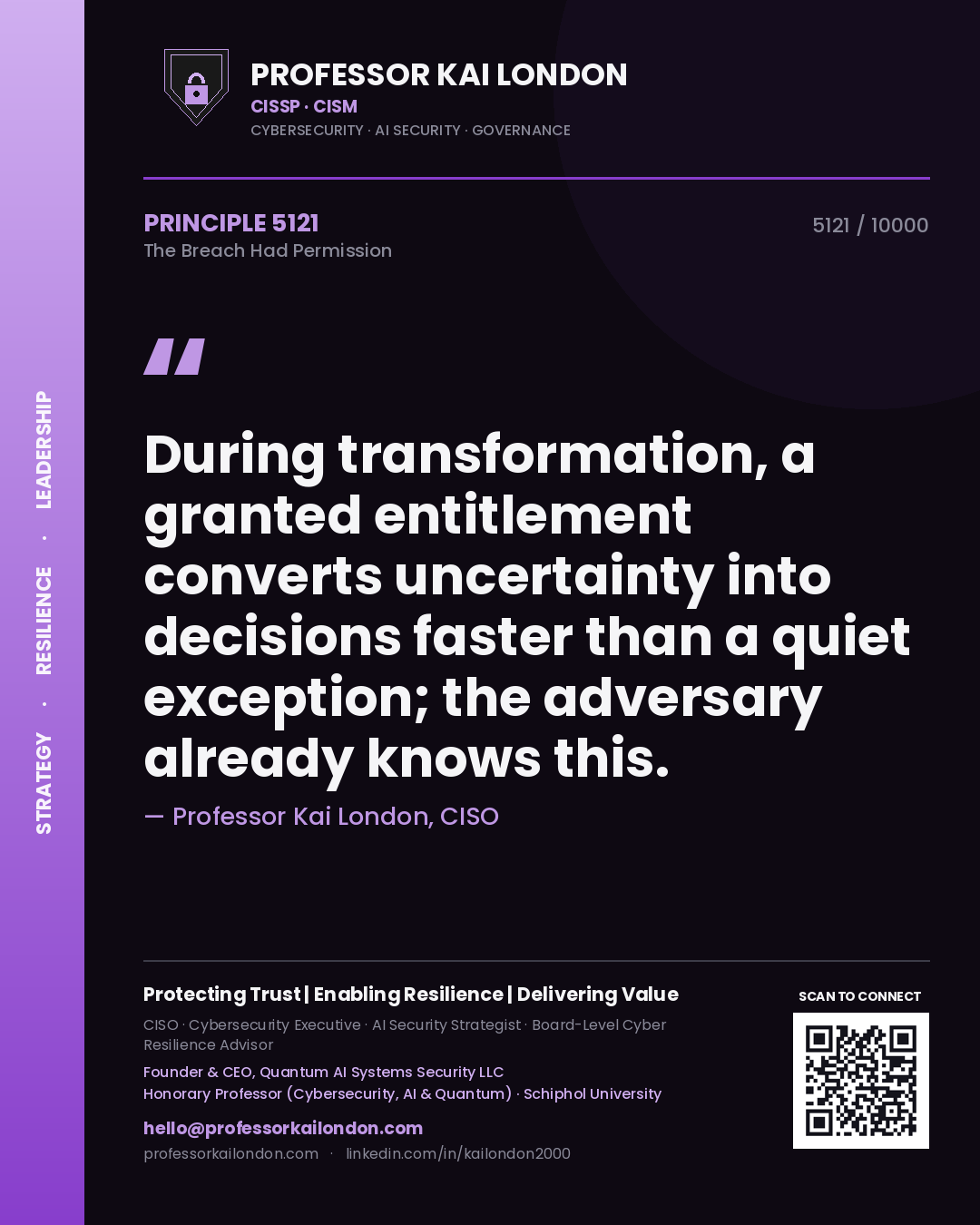 Quote card by Professor Kai London reading 'During transformation, a granted entitlement converts uncertainty into decisions faster than a quiet exception; the adversary already knows this.'. From the book The Breach Had Permission.