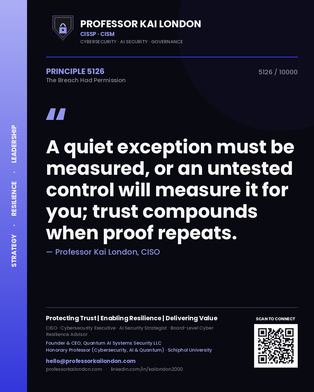 Professor Kai London principle 5126: A quiet exception must be measured, or an untested control will measure it for you; trust compounds when proof repeats.