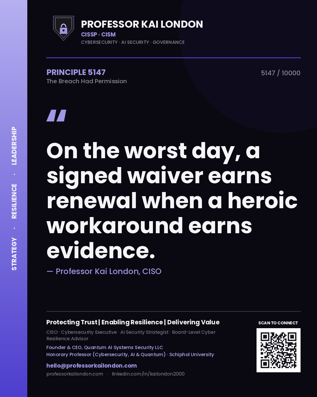 Professor Kai London principle 5147: On the worst day, a signed waiver earns renewal when a heroic workaround earns evidence.