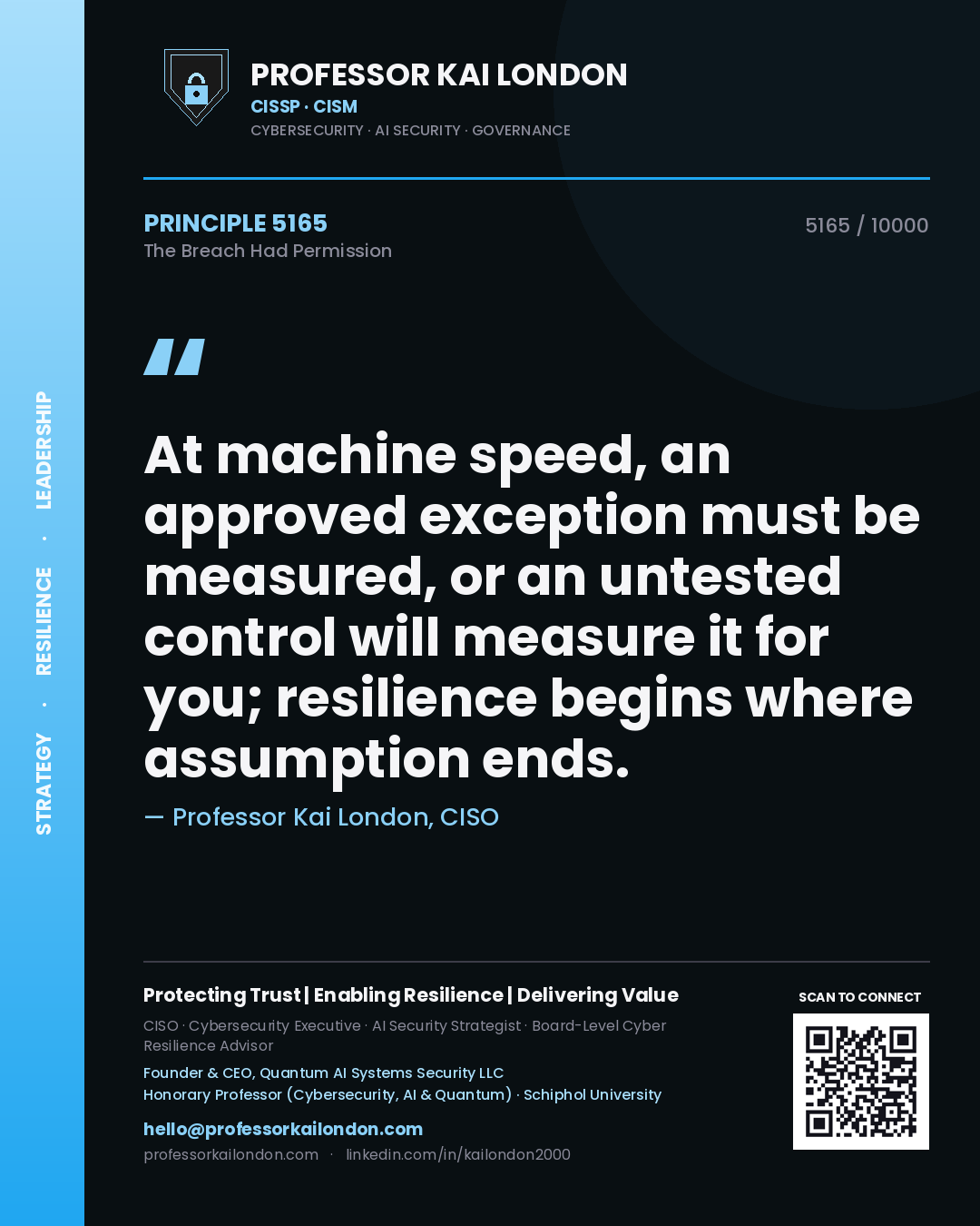 Quote card by Professor Kai London reading 'At machine speed, an approved exception must be measured, or an untested control will measure it for you; resilience begins where assumption ends.'. From the book The Breach Had Permission.