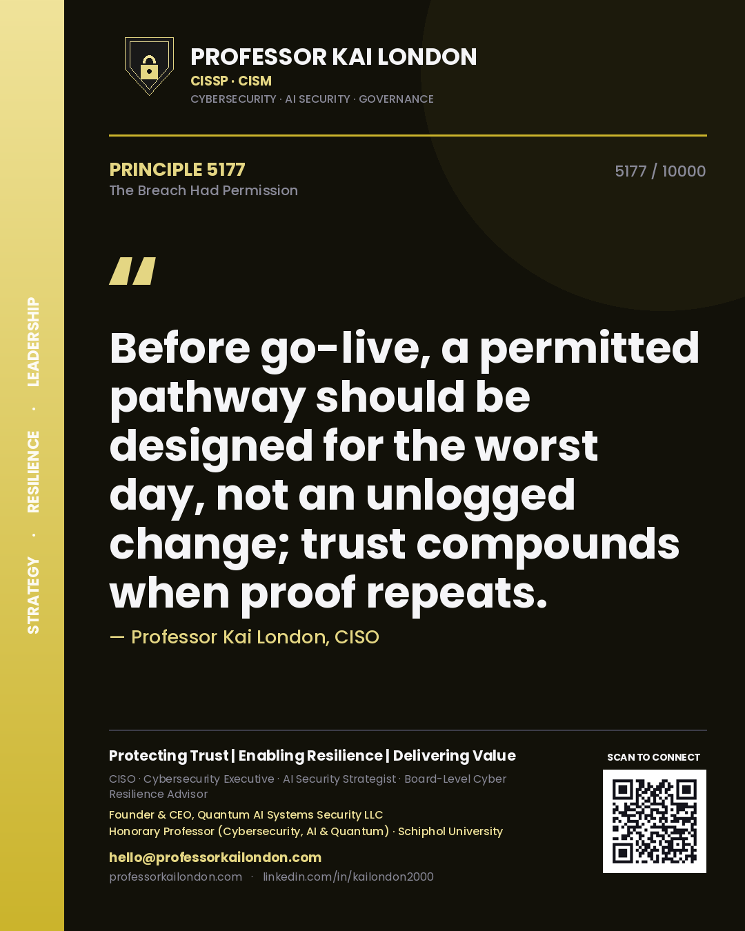 Quote card by Professor Kai London reading 'Before go-live, a permitted pathway should be designed for the worst day, not an unlogged change; trust compounds when proof repeats.'. From the book The Breach Had Permission.