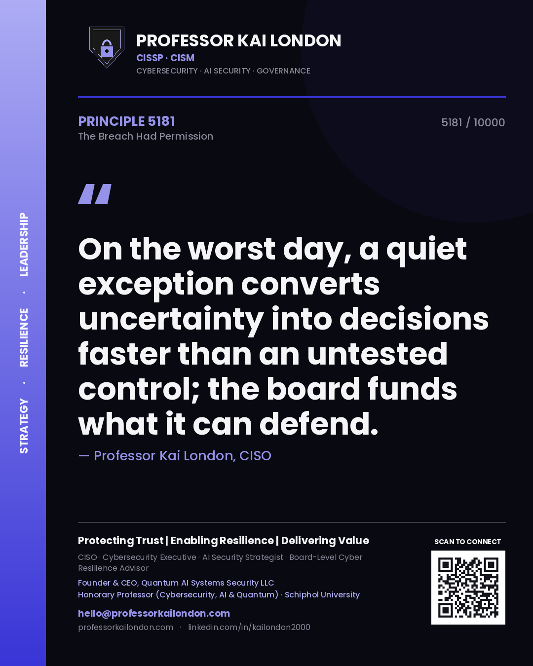 Quote card by Professor Kai London reading 'On the worst day, a quiet exception converts uncertainty into decisions faster than an untested control; the board funds what it can defend.'. From the book The Breach Had Permission.