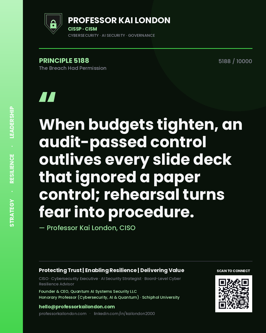 Professor Kai London principle 5188: When budgets tighten, an audit-passed control outlives every slide deck that ignored a paper control; rehearsal turns fear into procedure.