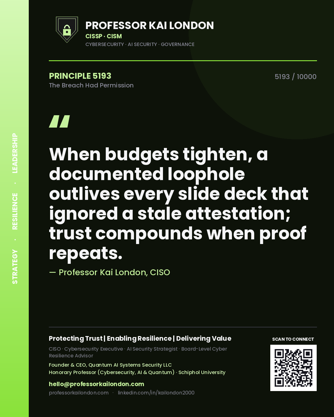 Professor Kai London principle 5193: When budgets tighten, a documented loophole outlives every slide deck that ignored a stale attestation; trust compounds when proof repeats.