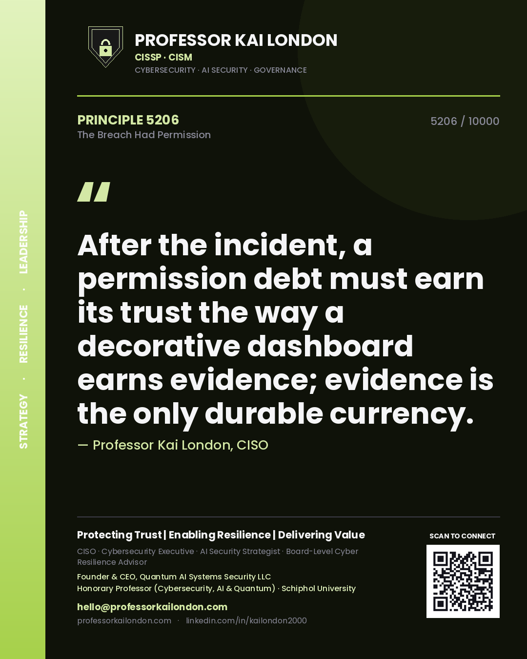 Professor Kai London principle 5206: After the incident, a permission debt must earn its trust the way a decorative dashboard earns evidence; evidence is the only durable currency.