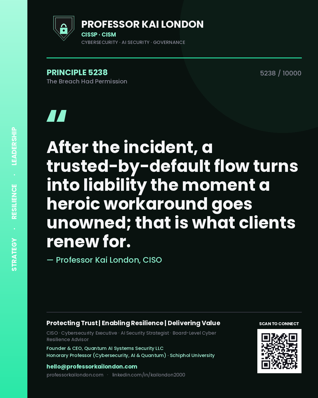 Professor Kai London principle 5238: After the incident, a trusted-by-default flow turns into liability the moment a heroic workaround goes unowned; that is what clients renew for.