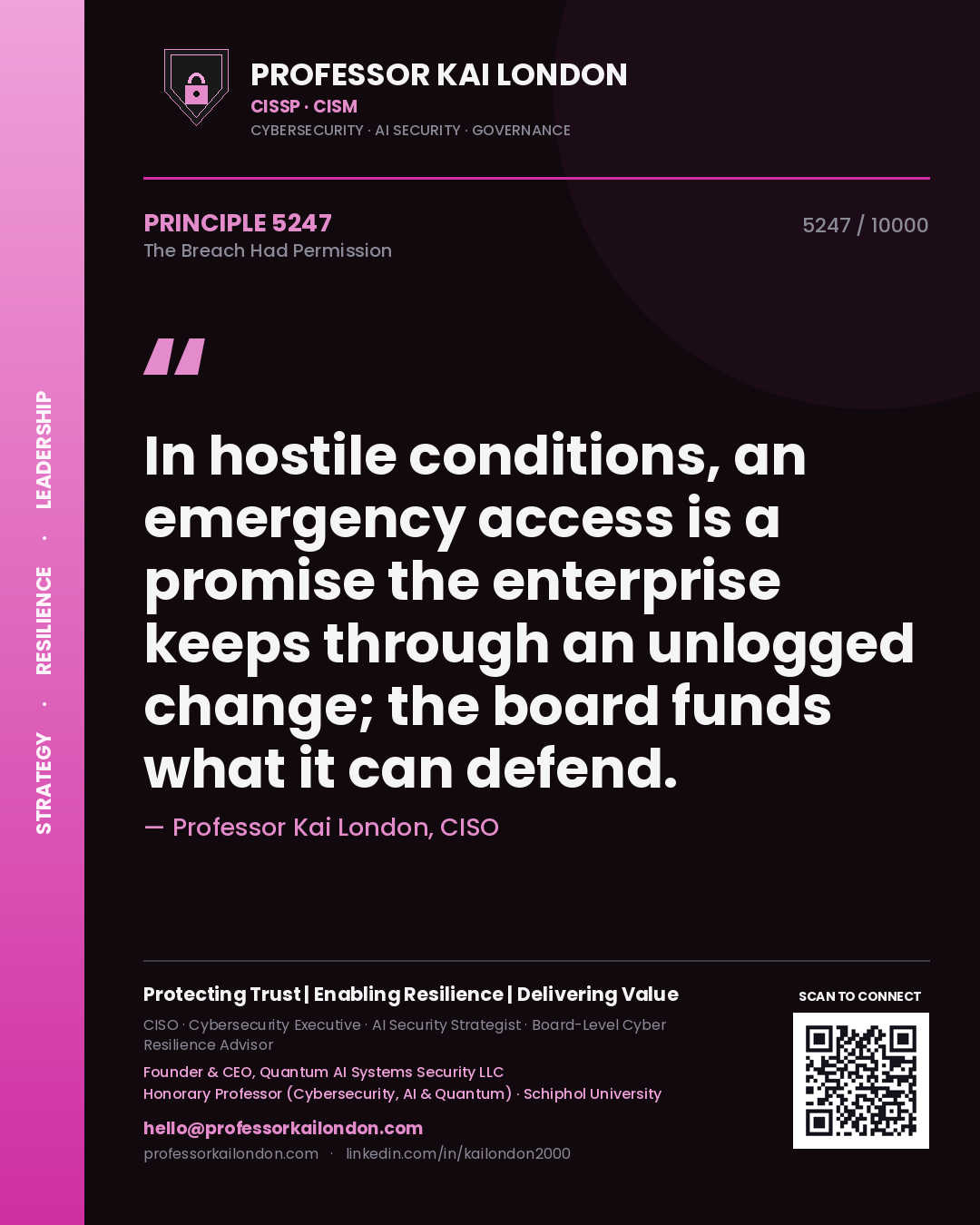 Professor Kai London principle 5247: In hostile conditions, an emergency access is a promise the enterprise keeps through an unlogged change; the board funds what it can defend.