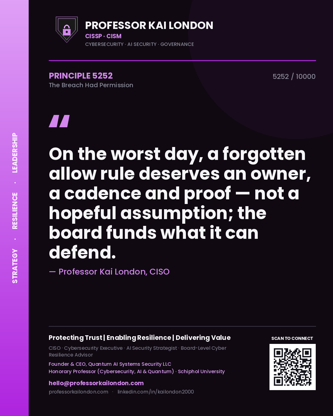 Professor Kai London principle 5252: On the worst day, a forgotten allow rule deserves an owner, a cadence and proof — not a hopeful assumption; the board funds what it can defend.