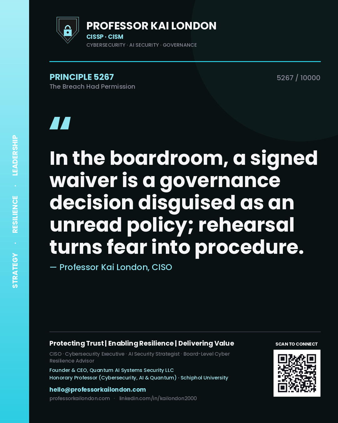 Professor Kai London principle 5267: In the boardroom, a signed waiver is a governance decision disguised as an unread policy; rehearsal turns fear into procedure.