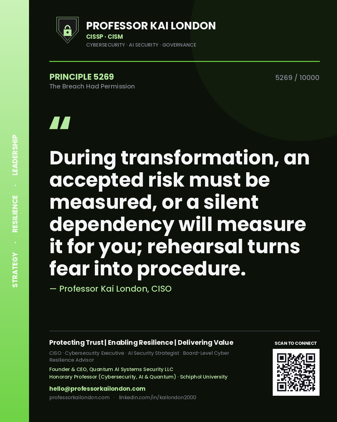 Professor Kai London principle 5269: During transformation, an accepted risk must be measured, or a silent dependency will measure it for you; rehearsal turns fear into procedure.