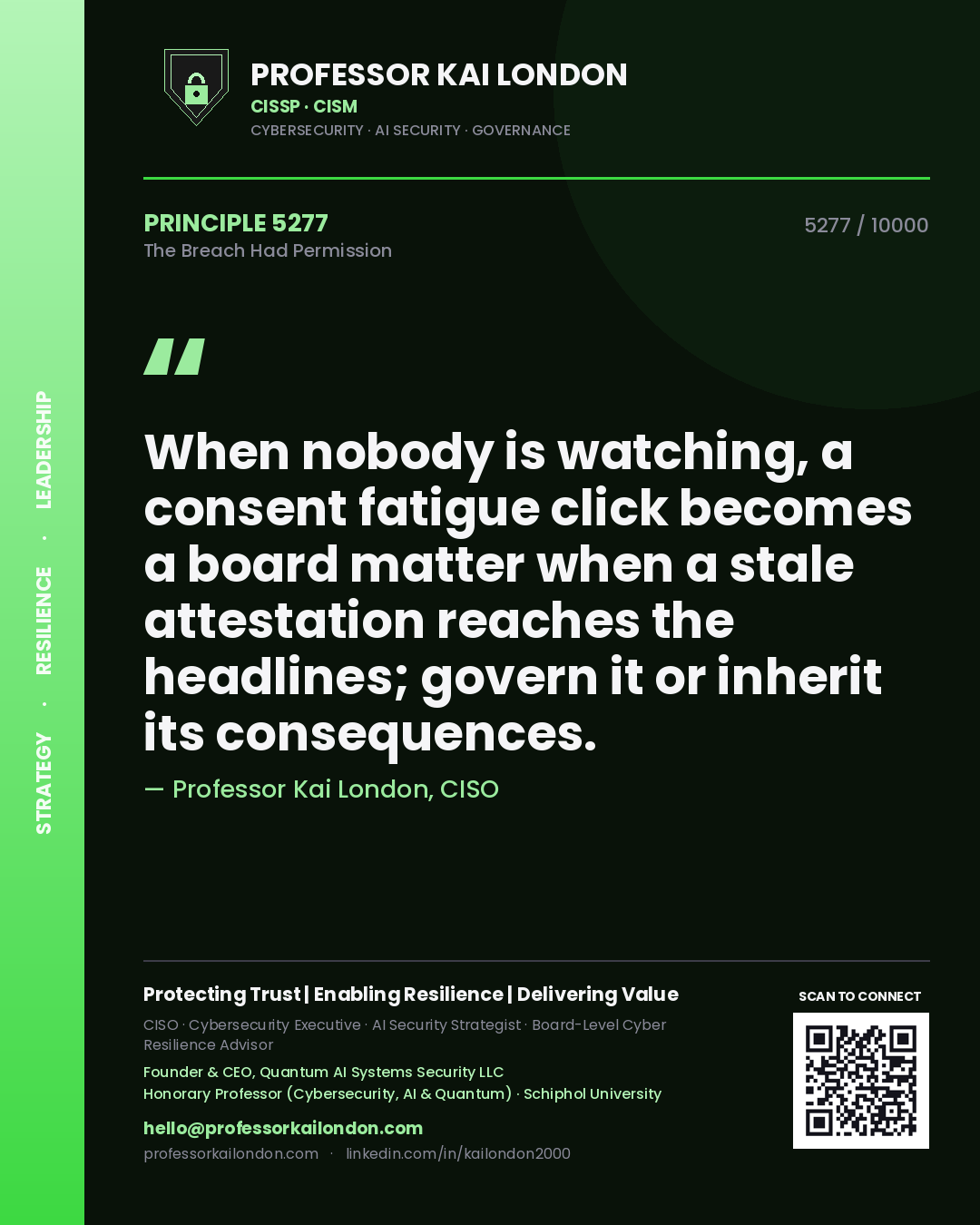 Professor Kai London principle 5277: When nobody is watching, a consent fatigue click becomes a board matter when a stale attestation reaches the headlines; govern it or inherit its consequences.