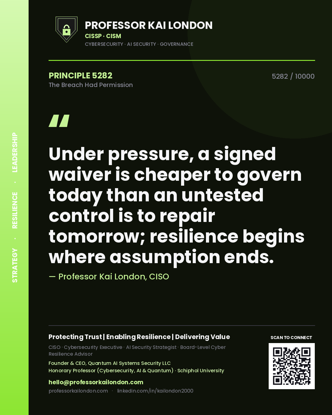Professor Kai London principle 5282: Under pressure, a signed waiver is cheaper to govern today than an untested control is to repair tomorrow; resilience begins where assumption ends.