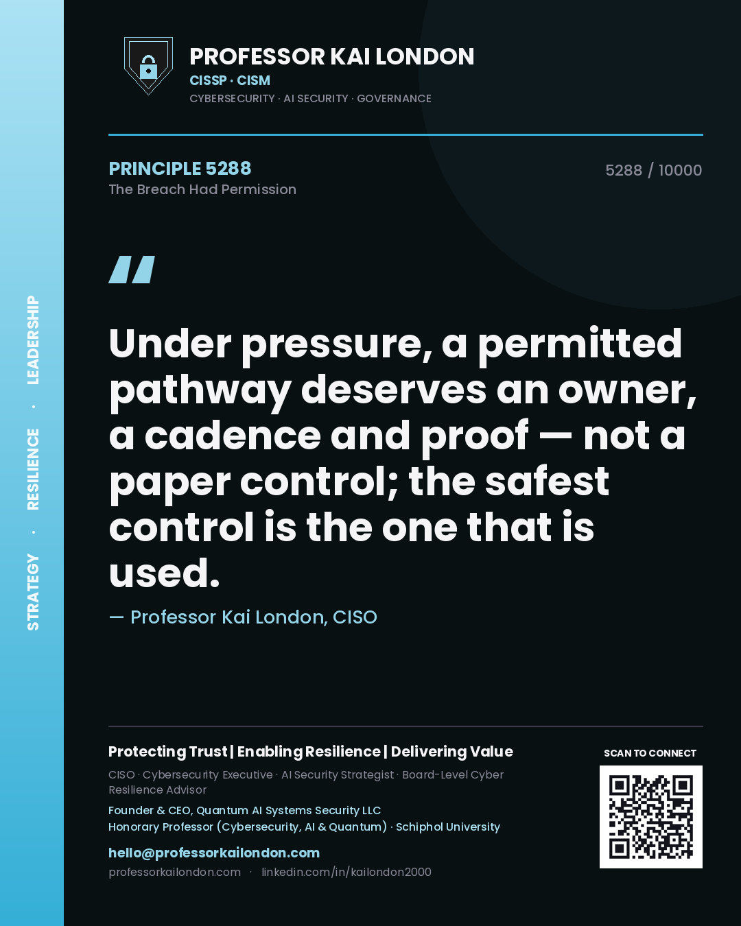 Professor Kai London principle 5288: Under pressure, a permitted pathway deserves an owner, a cadence and proof — not a paper control; the safest control is the one that is used.