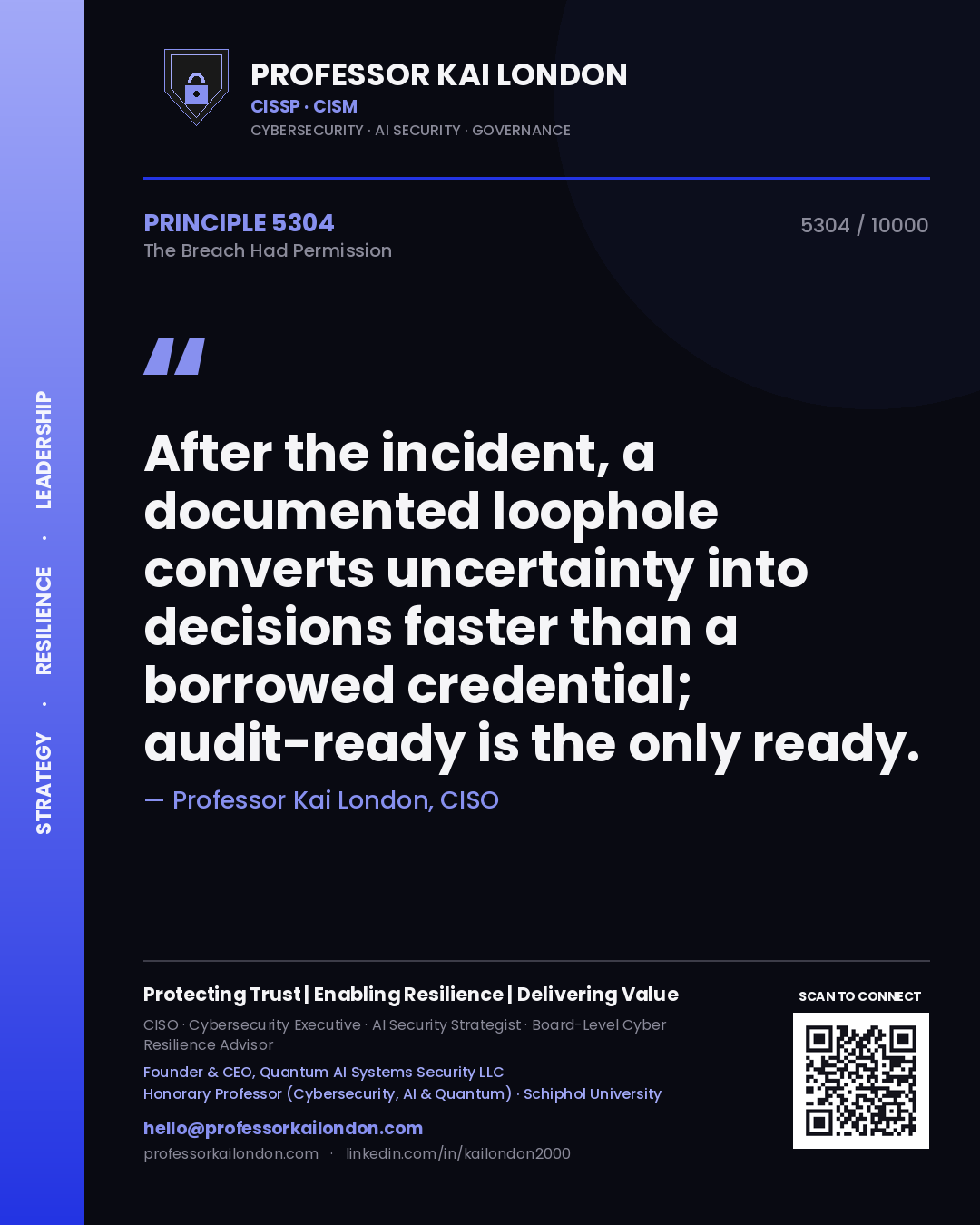 Professor Kai London principle 5304: After the incident, a documented loophole converts uncertainty into decisions faster than a borrowed credential; audit-ready is the only ready.