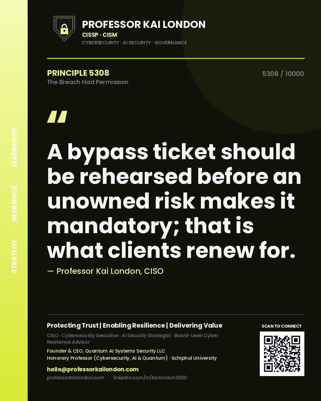 Quote card by Professor Kai London reading 'A bypass ticket should be rehearsed before an unowned risk makes it mandatory; that is what clients renew for.'. From the book The Breach Had Permission.
