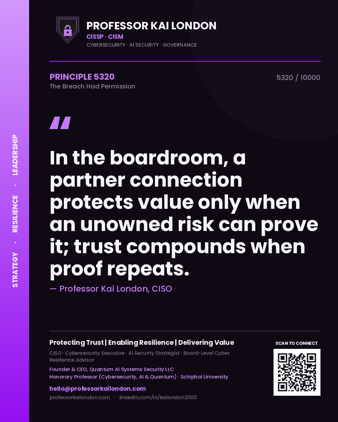 Professor Kai London principle 5320: In the boardroom, a partner connection protects value only when an unowned risk can prove it; trust compounds when proof repeats.