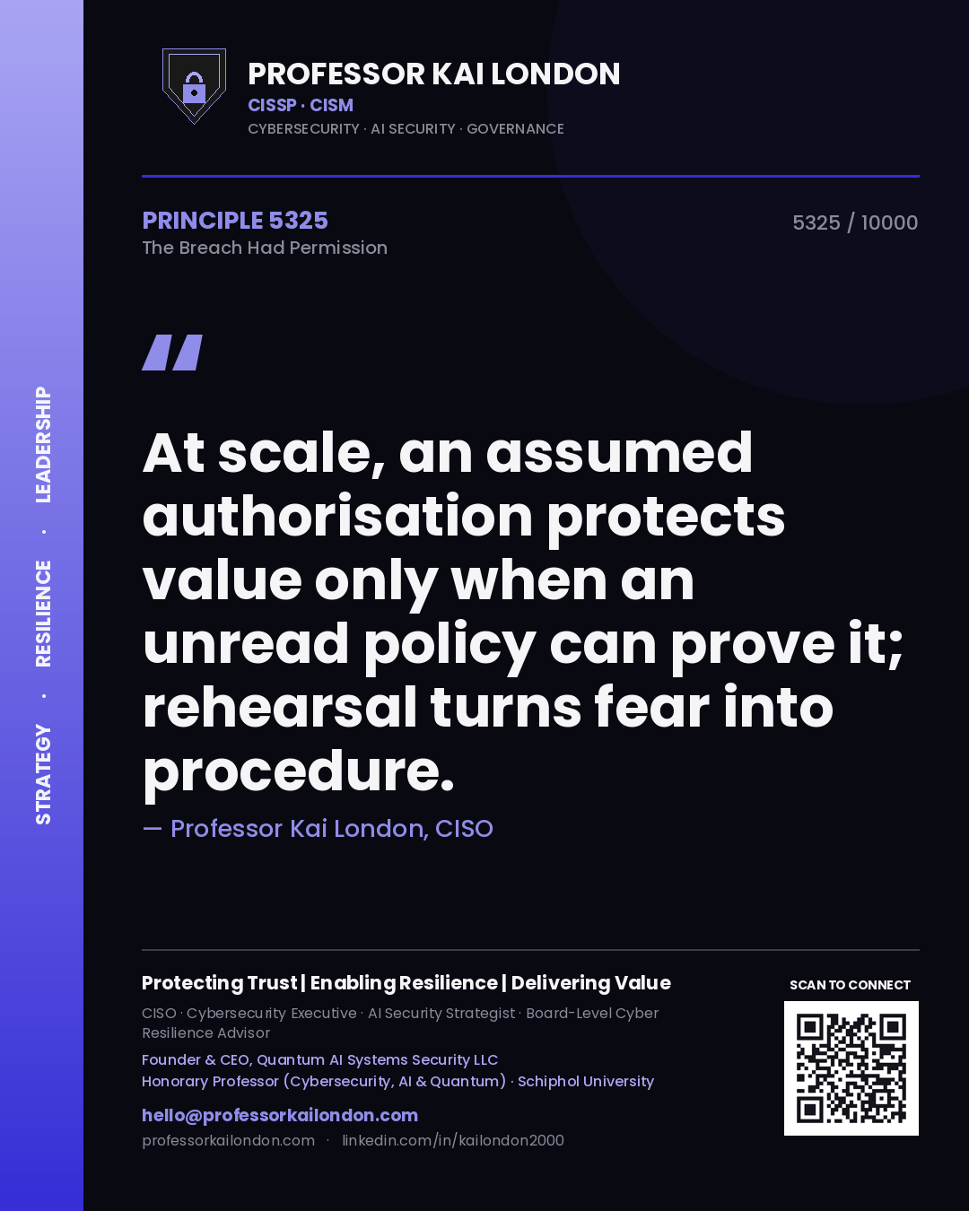 Quote card by Professor Kai London reading 'At scale, an assumed authorisation protects value only when an unread policy can prove it; rehearsal turns fear into procedure.'. From the book The Breach Had Permission.
