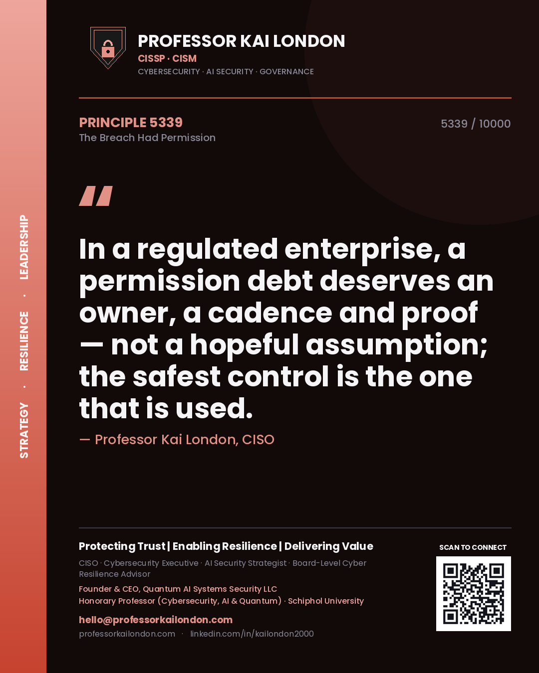 Quote card by Professor Kai London reading 'In a regulated enterprise, a permission debt deserves an owner, a cadence and proof — not a hopeful assumption; the safest control is the one that is used.'. From the book The Breach Had Permission.