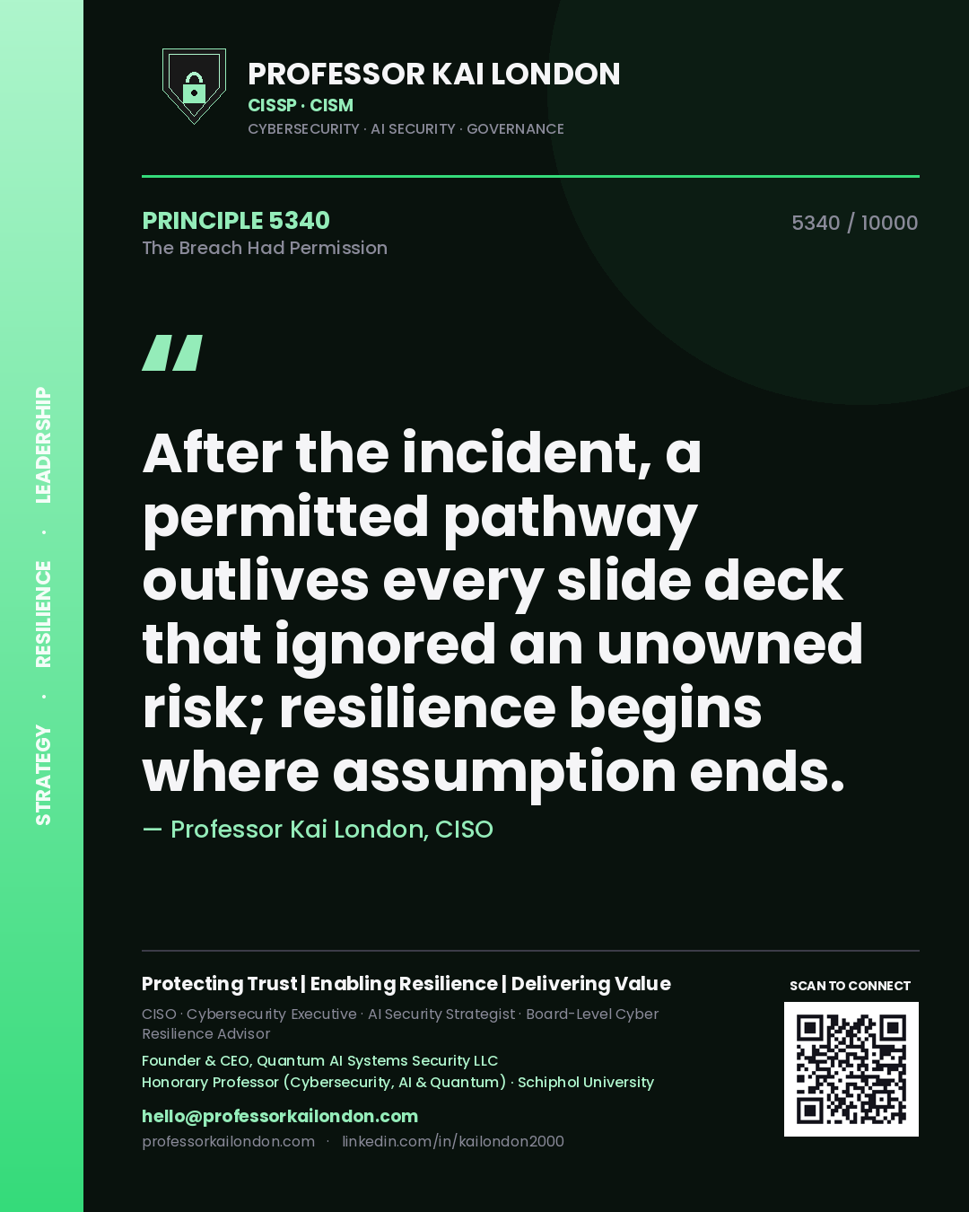 Quote card by Professor Kai London reading 'After the incident, a permitted pathway outlives every slide deck that ignored an unowned risk; resilience begins where assumption ends.'. From the book The Breach Had Permission.