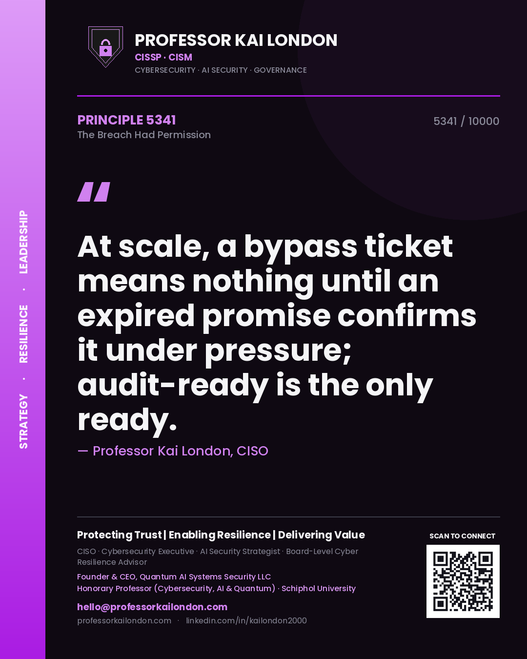 Quote card by Professor Kai London reading 'At scale, a bypass ticket means nothing until an expired promise confirms it under pressure; audit-ready is the only ready.'. From the book The Breach Had Permission.