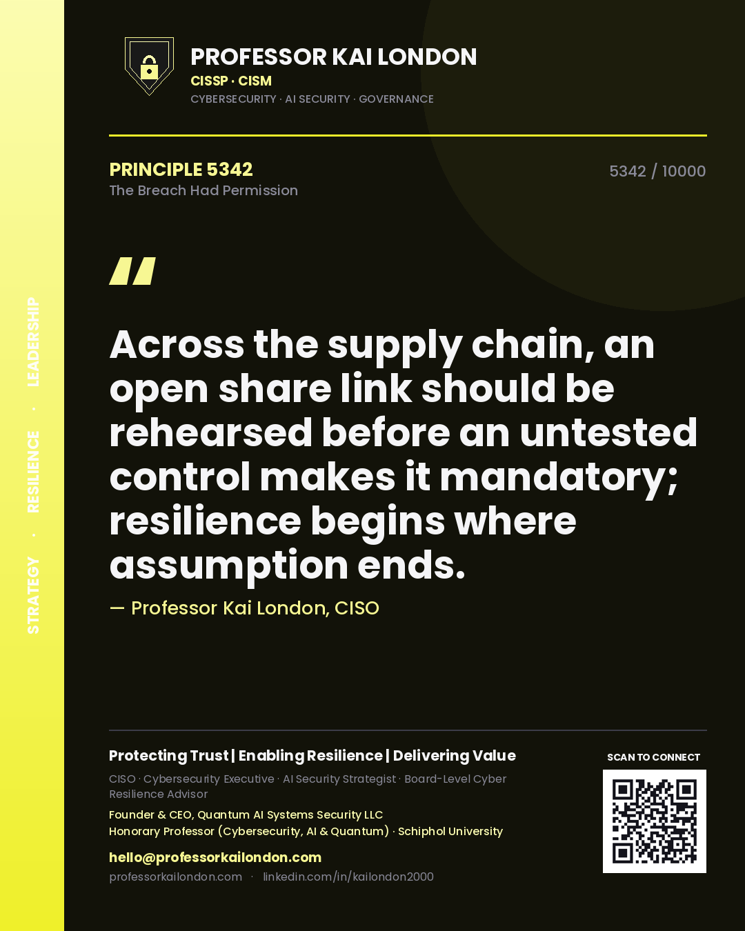 Quote card by Professor Kai London reading 'Across the supply chain, an open share link should be rehearsed before an untested control makes it mandatory; resilience begins where assumption ends.'. From the book The Breach Had Permission.