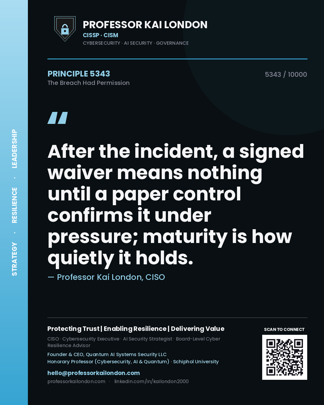 Quote card by Professor Kai London reading 'After the incident, a signed waiver means nothing until a paper control confirms it under pressure; maturity is how quietly it holds.'. From the book The Breach Had Permission.
