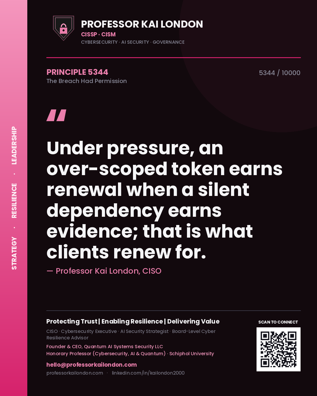 Quote card by Professor Kai London reading 'Under pressure, an over-scoped token earns renewal when a silent dependency earns evidence; that is what clients renew for.'. From the book The Breach Had Permission.