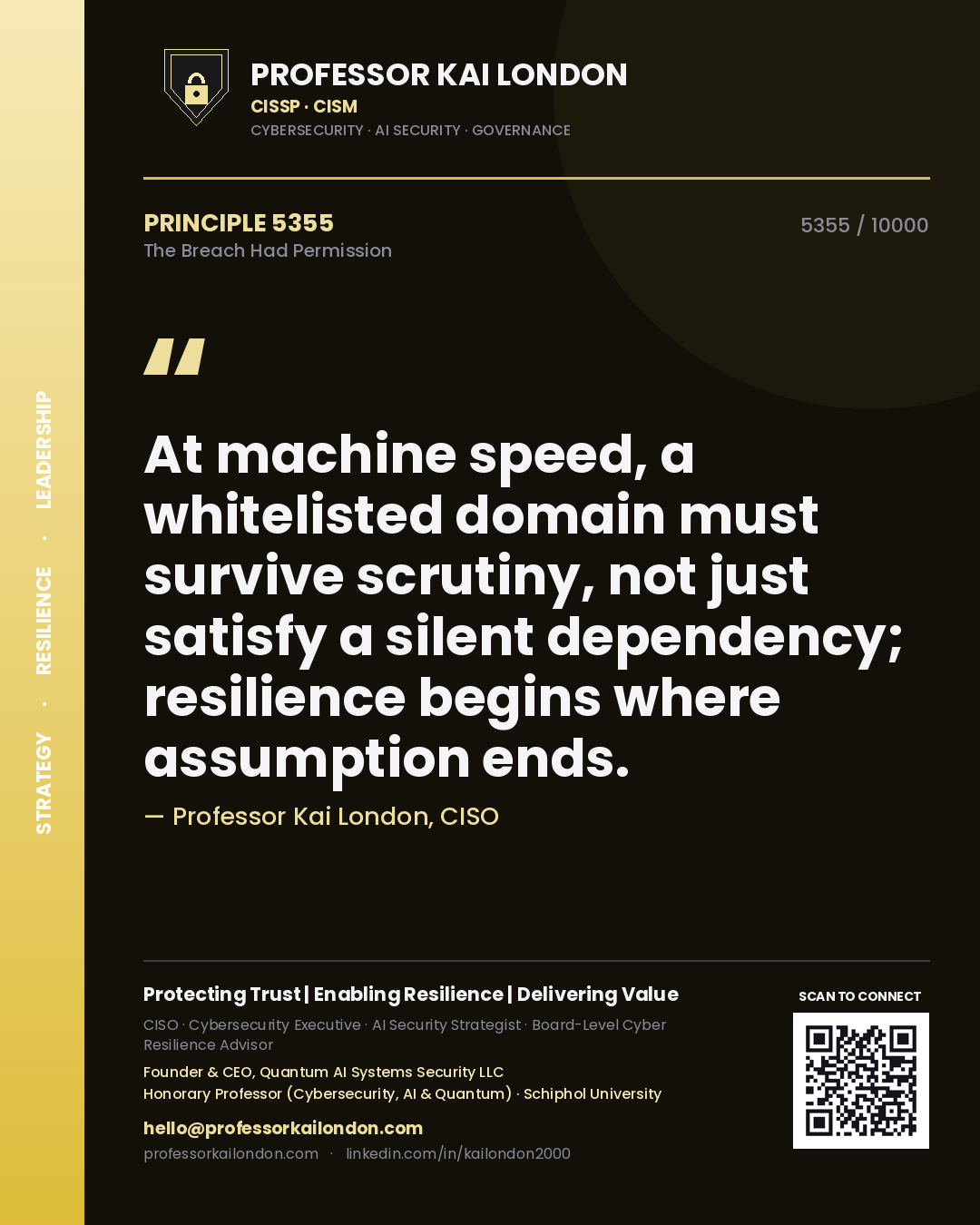 Quote card by Professor Kai London reading 'At machine speed, a whitelisted domain must survive scrutiny, not just satisfy a silent dependency; resilience begins where assumption ends.'. From the book The Breach Had Permission.