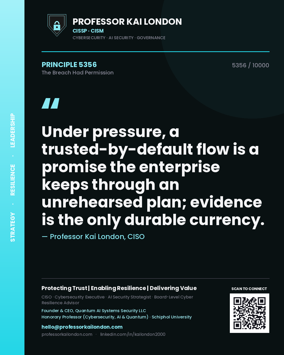 Quote card by Professor Kai London reading 'Under pressure, a trusted-by-default flow is a promise the enterprise keeps through an unrehearsed plan; evidence is the only durable currency.'. From the book The Breach Had Permission.
